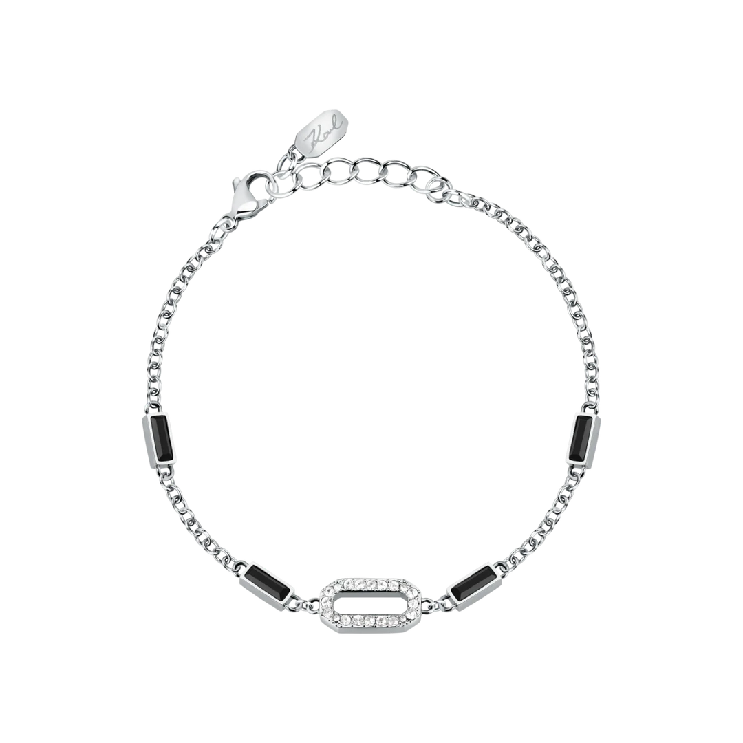 Дамска гривна Karl Lagerfeld Crystals, сребриста верижка с черни правоъгълни и бели кристали – модел KLAYC21, изглед отпред