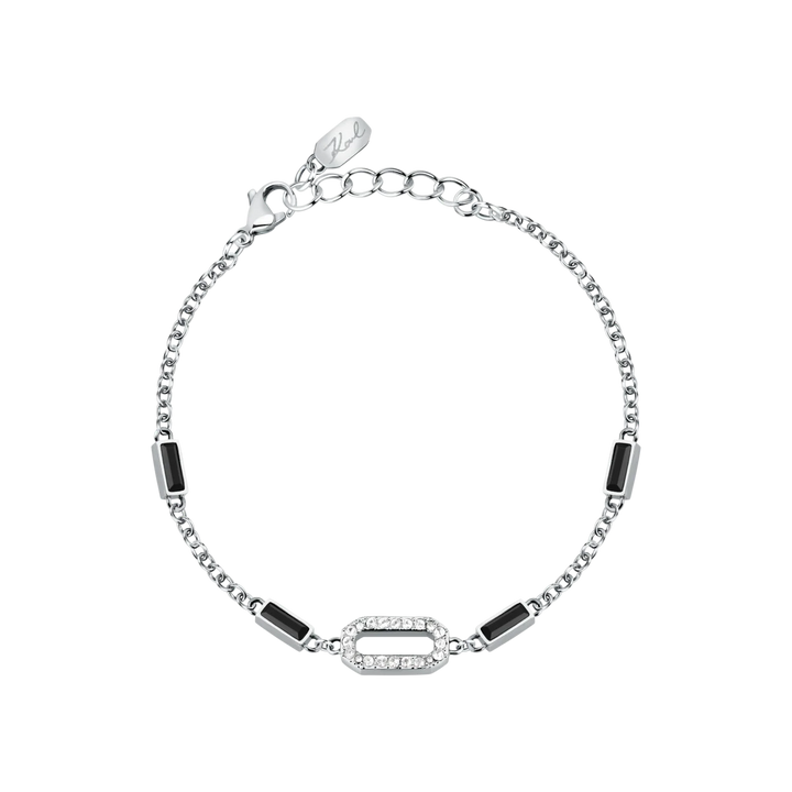 Дамска гривна Karl Lagerfeld Crystals, сребриста верижка с черни правоъгълни и бели кристали – модел KLAYC21, изглед отпред