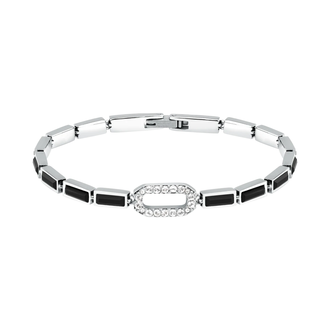 Дамска гривна Karl Lagerfeld Crystals, сребриста тенис гривна с черни правоъгълни и бели кристали – модел KLAYC18, изглед отпред