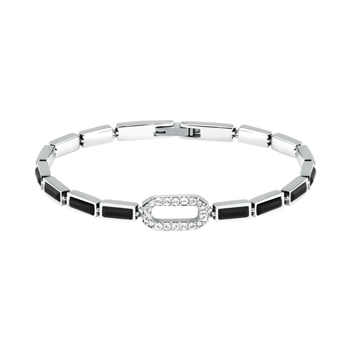 Дамска гривна Karl Lagerfeld Crystals, сребриста тенис гривна с черни правоъгълни и бели кристали – модел KLAYC18, изглед отпред