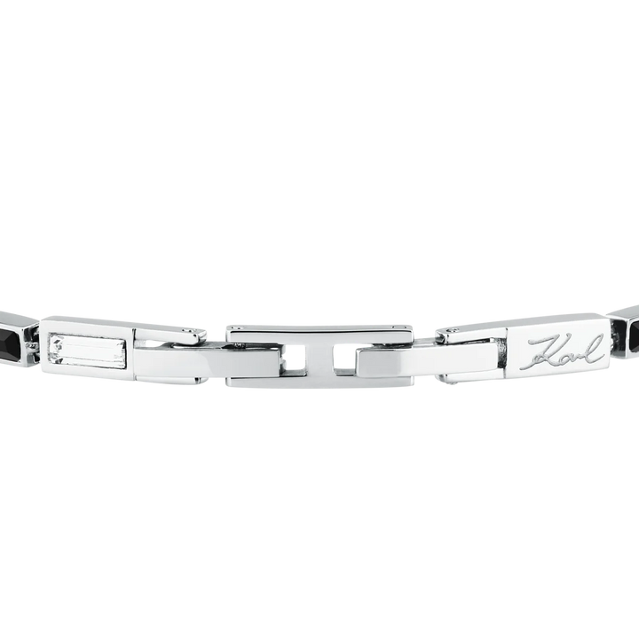 Дамска гривна Karl Lagerfeld Crystals, стоманени звена със черни кристали и звено с подпис Karl – модел KLAYC18