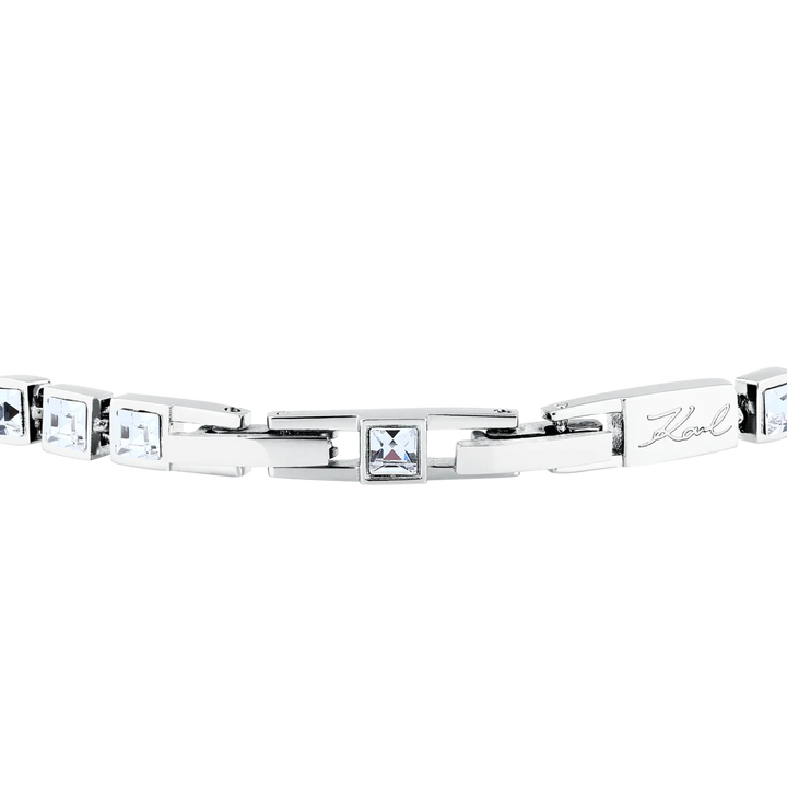 Дамска гривна Karl Lagerfeld Crystals, стоманени звена със кристали и звено с гравирано лого Karl – модел KLAYC28