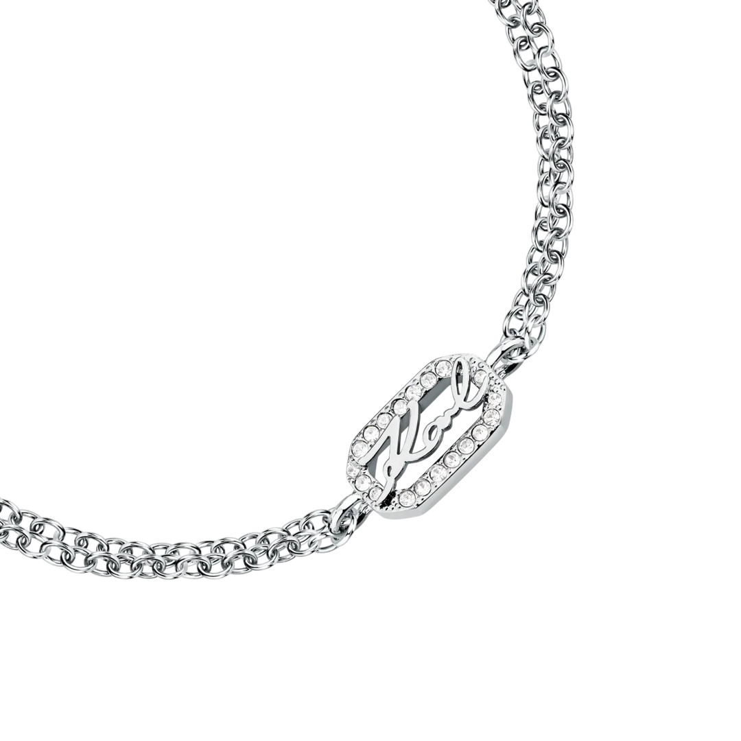 Дамска гривна Karl Lagerfeld Crystals, детайлен изглед на правоъгълния елемент с надпис Karl и бели кристали – модел KLAYC33