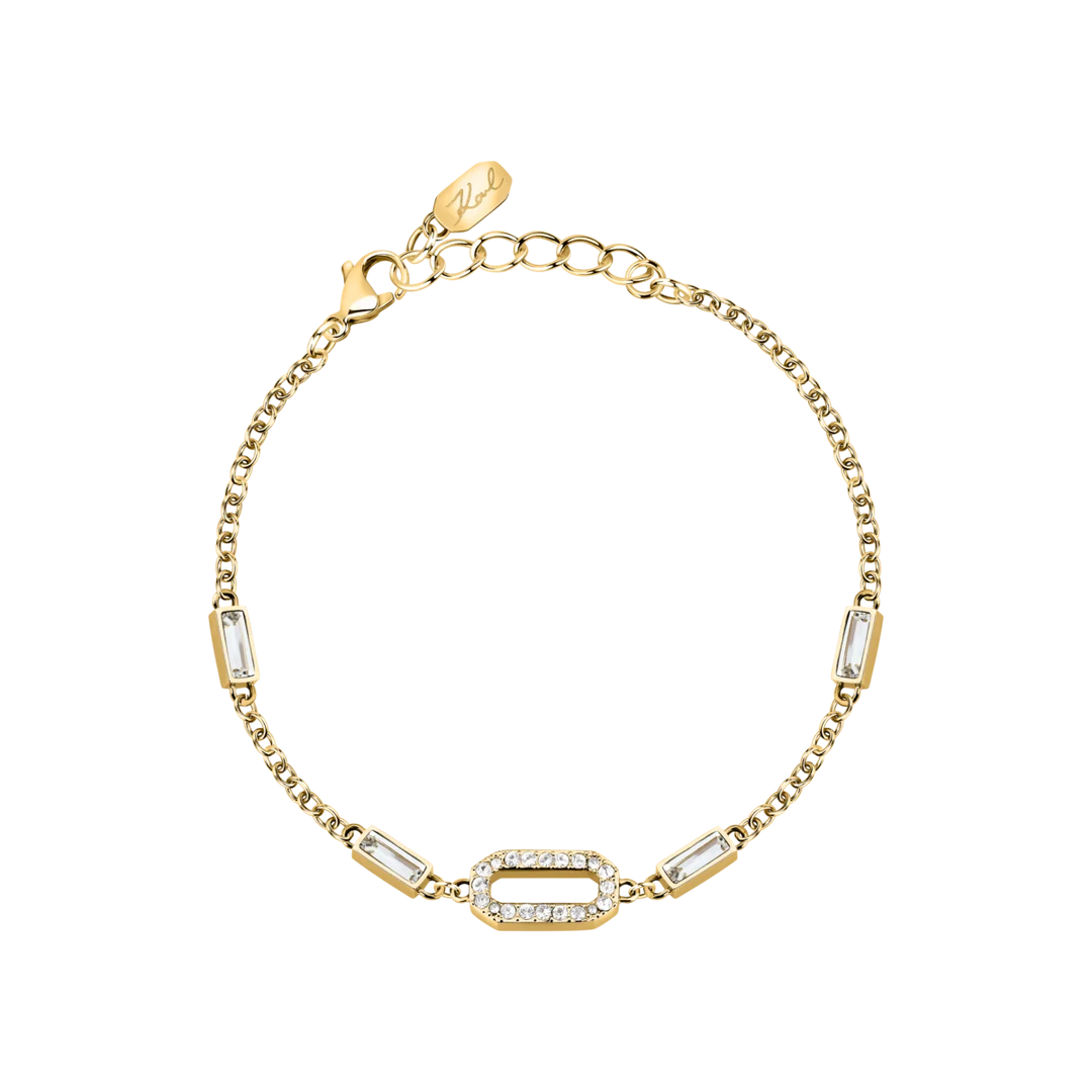 Дамска гривна Karl Lagerfeld Crystals със златиста стоманена верижка и овален елемент с бели кристали – модел KLAYC20