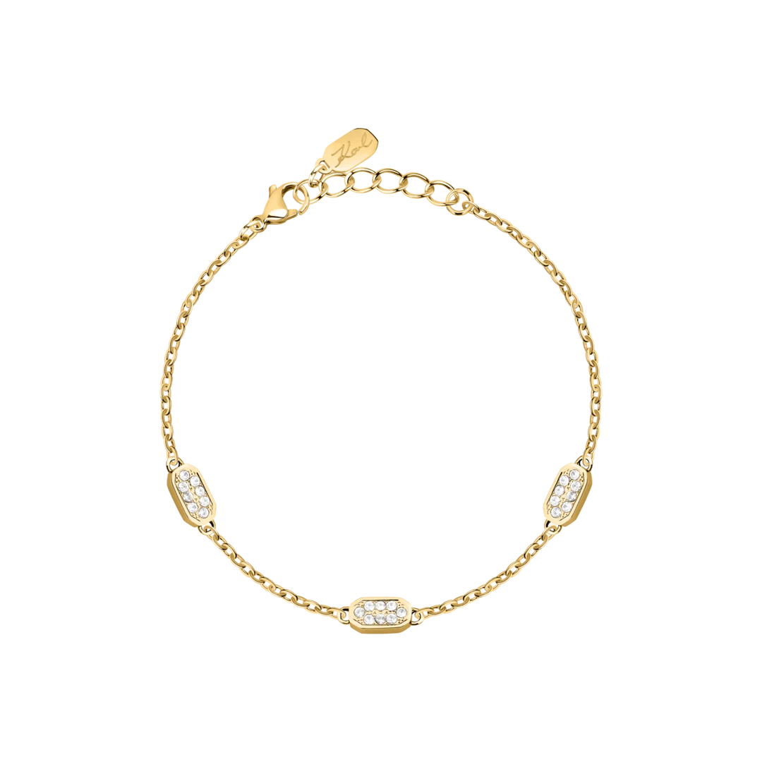 Дамска гривна Karl Lagerfeld Crystals със златиста стоманена верижка и три елемента с бели кристали – модел KLAYC60