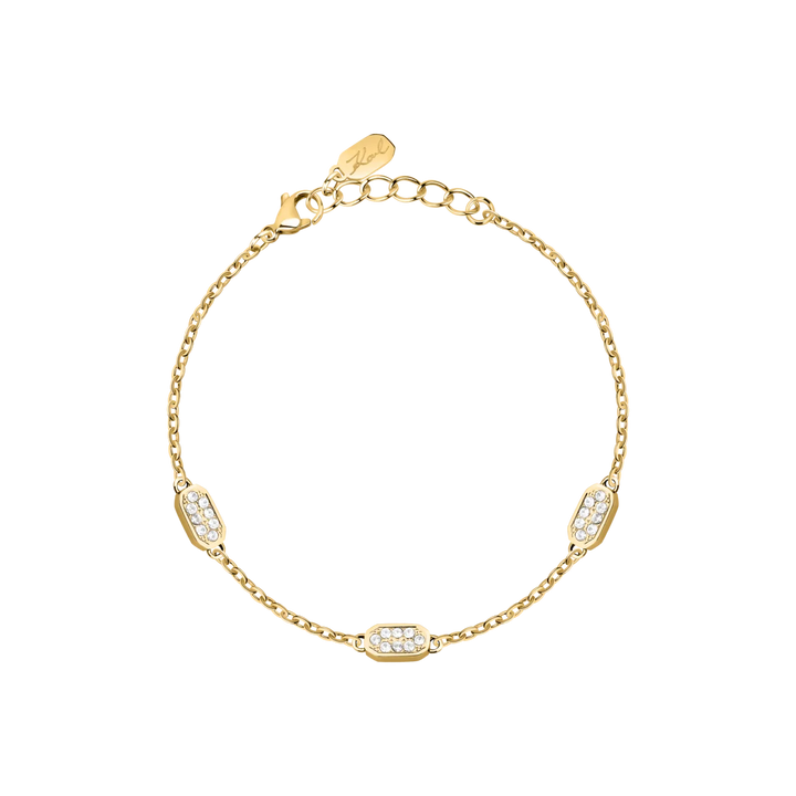 Дамска гривна Karl Lagerfeld Crystals със златиста стоманена верижка и три елемента с бели кристали – модел KLAYC60