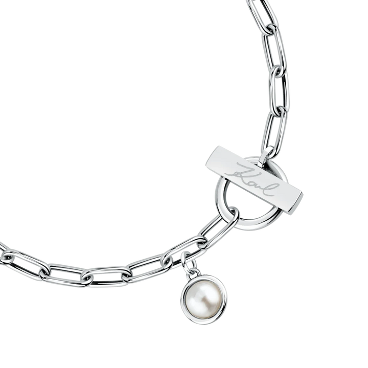 Дамска гривна Karl Lagerfeld Pearl със сребриста верижка и перлен чаръм – модел KLAYR06, пълен изглед