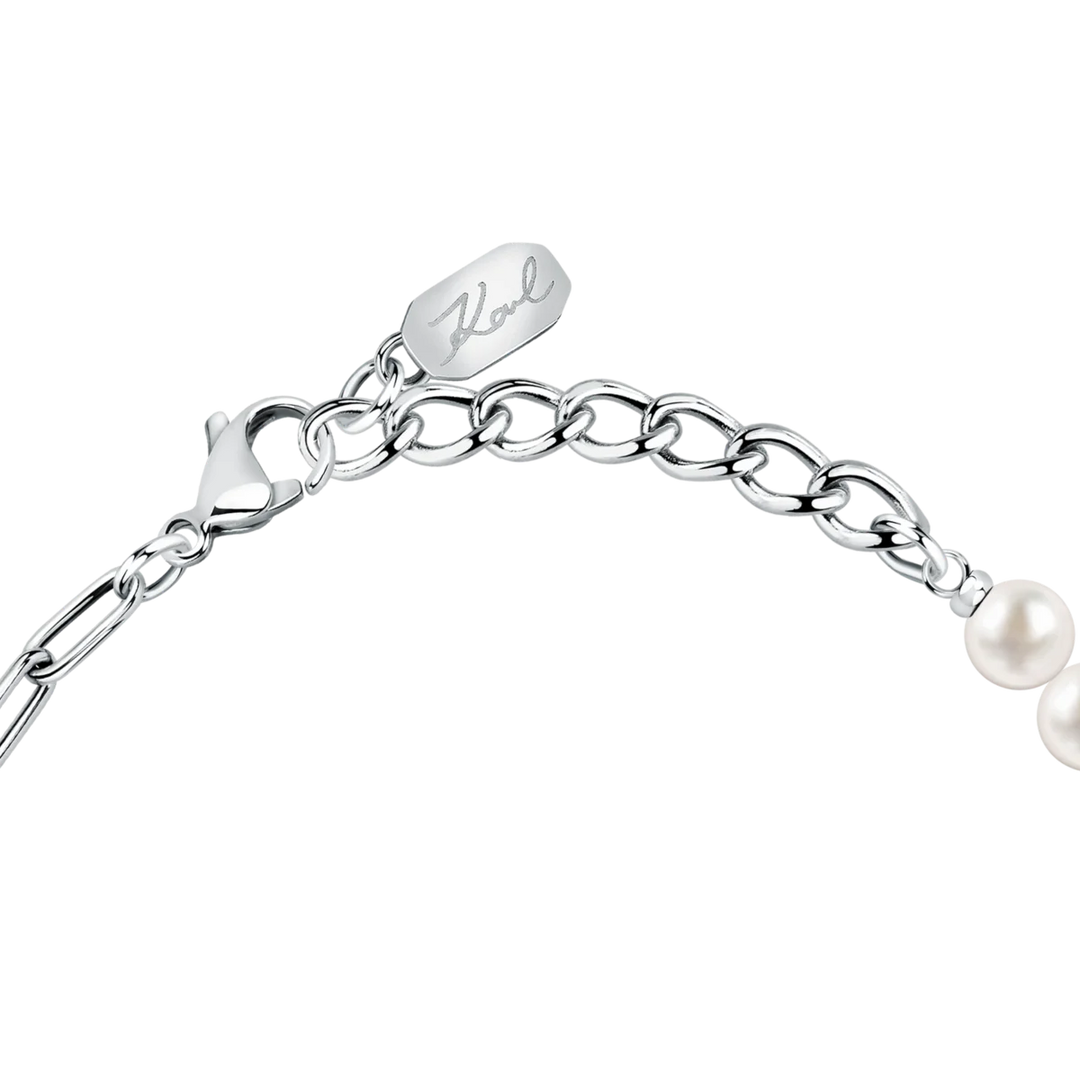 Дамска гривна Karl Lagerfeld Pearl от неръждаема стомана със синтетични перли и регулируема дължина 17–20 см – модел KLAYR08