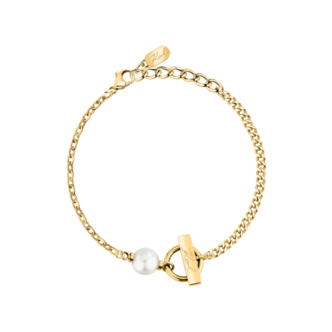 Дамска гривна Karl Lagerfeld Pearl със златиста стоманена верижка и бяла перла – модел KLAYR13