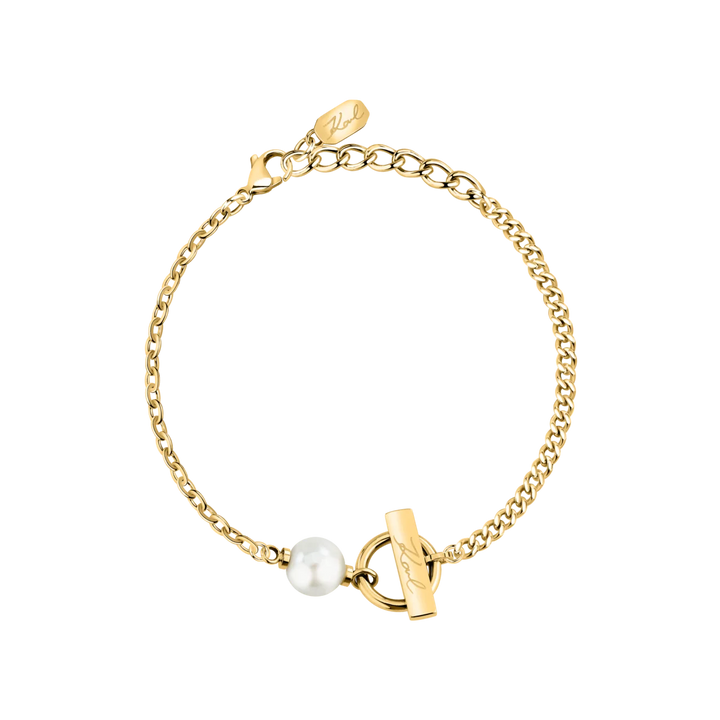 Дамска гривна Karl Lagerfeld Pearl със златиста стоманена верижка и бяла перла – модел KLAYR13