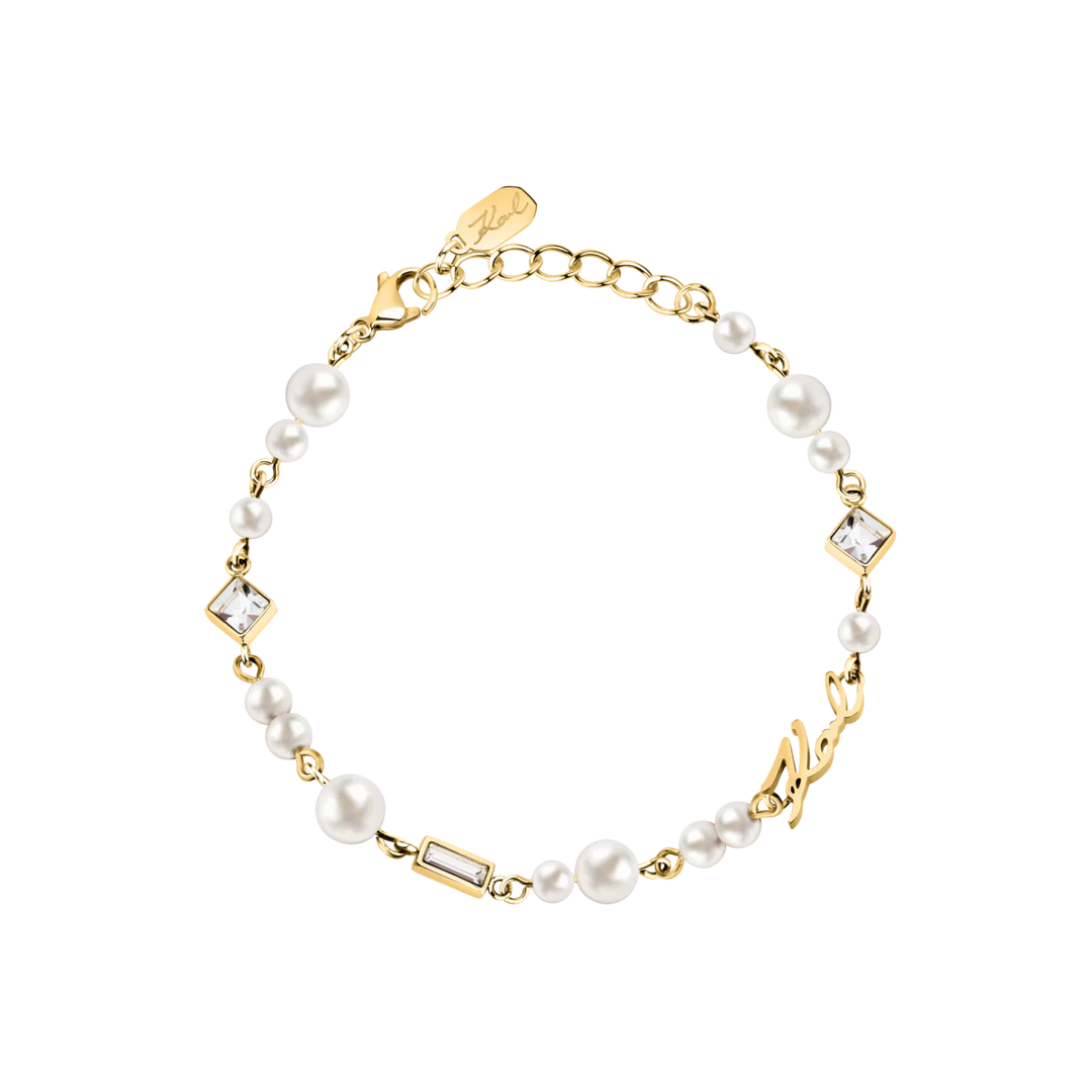 Дамска гривна Karl Lagerfeld Pearl от златиста стомана с бели перли и кристали – модел KLAYR19