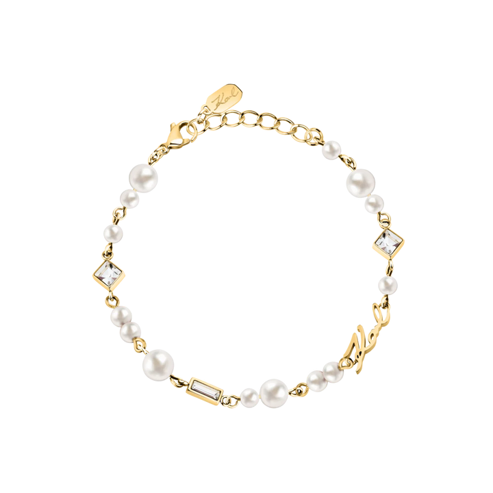 Дамска гривна Karl Lagerfeld Pearl от златиста стомана с бели перли и кристали – модел KLAYR19