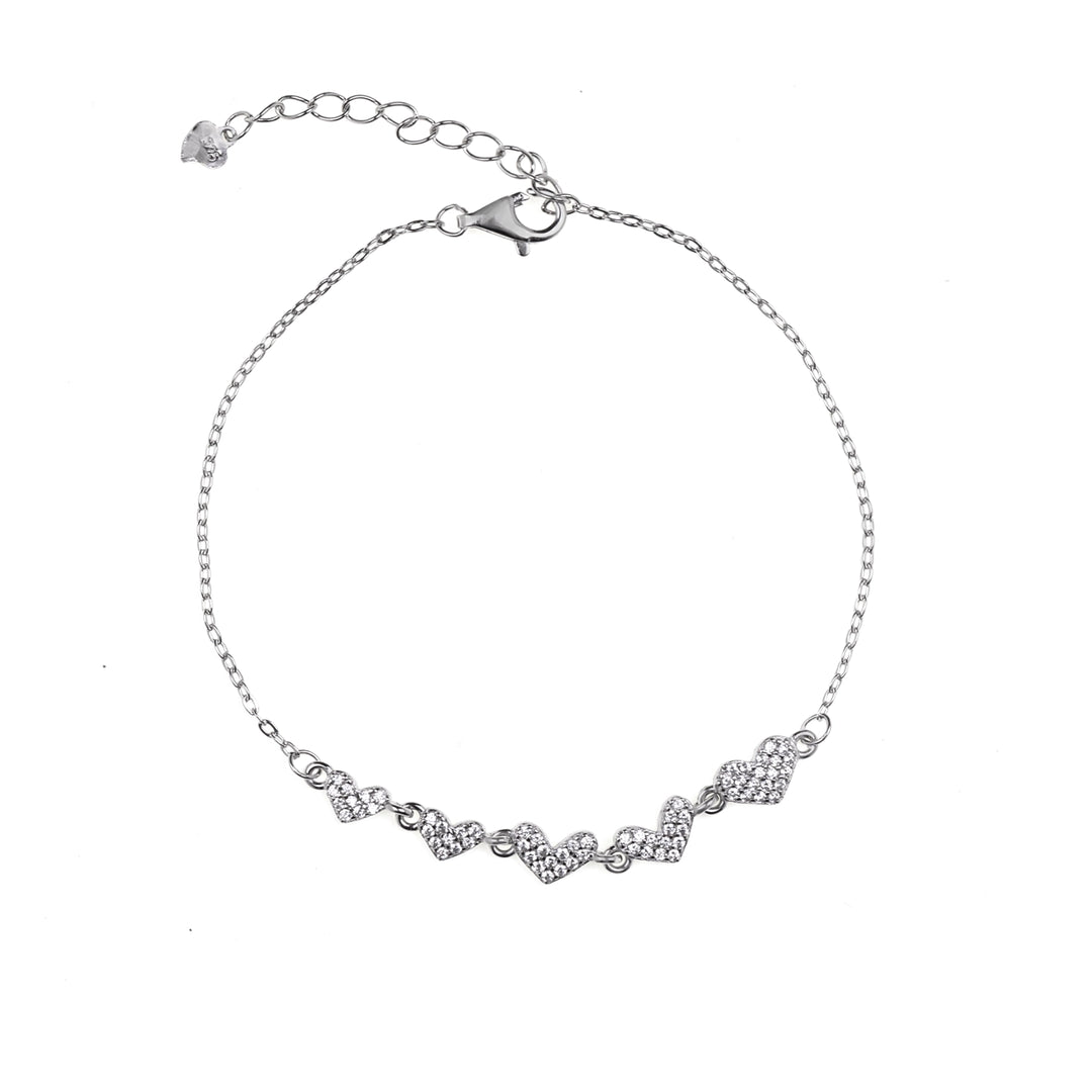 Дамска сребърна гривна с пет нежни сърца обсипани с циркони. Senso Silver