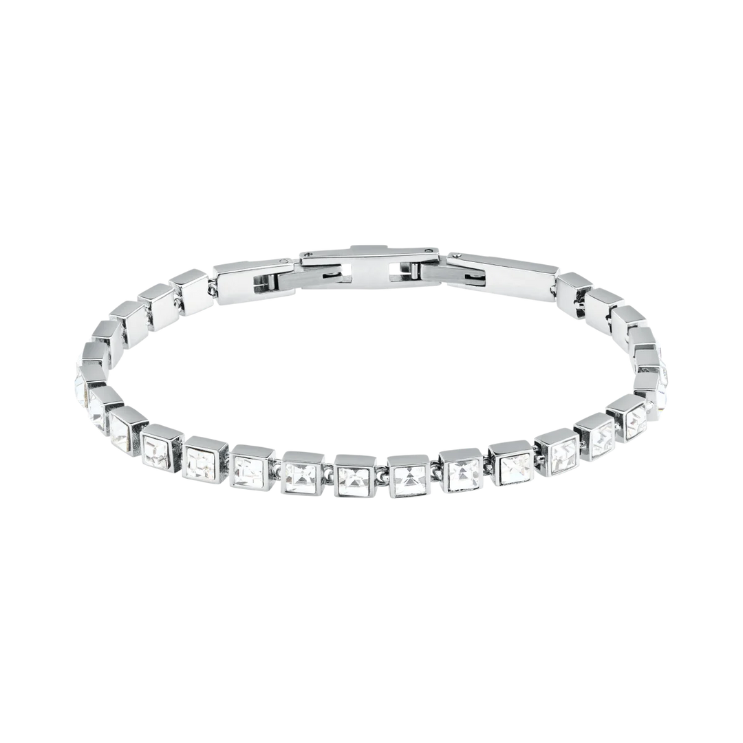 Дамска тенис гривна Karl Lagerfeld Crystals, сребриста стомана с ред от бели квадратни кристали – модел KLAYC28, изглед отпред