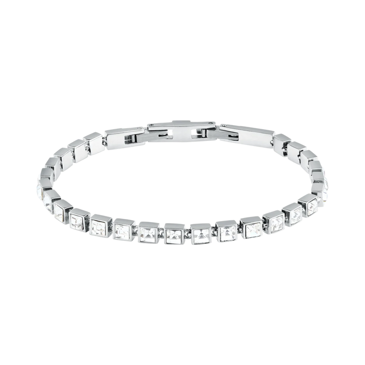 Дамска тенис гривна Karl Lagerfeld Crystals, сребриста стомана с ред от бели квадратни кристали – модел KLAYC28, изглед отпред