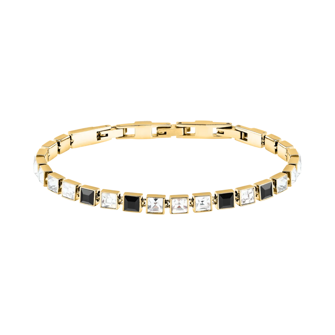 Дамска тенис гривна Karl Lagerfeld Crystals от златиста стомана с бели и черни кристали – модел KLAYC22