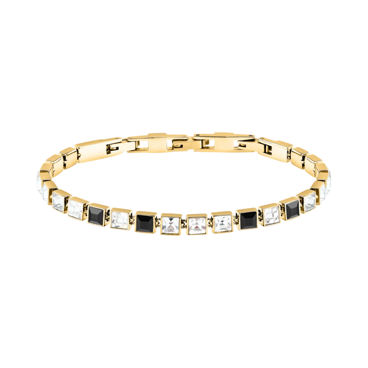 Дамска тенис гривна Karl Lagerfeld Crystals от златиста стомана с бели и черни кристали – модел KLAYC22