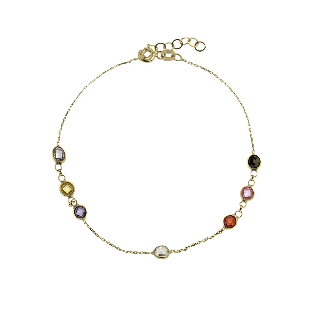 Дамска златна гривна с цветни циркони. Размер 16 см + 2 см.