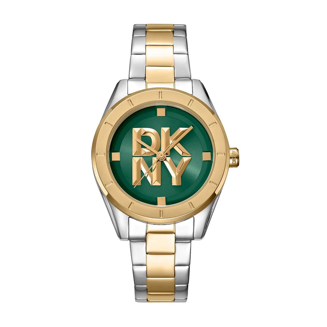 Дамски часовник DKNY Chambers Midi, двуцветна стомана и тъмнозелен циферблат с лого – часовник DKNY модел DK1L016M0095