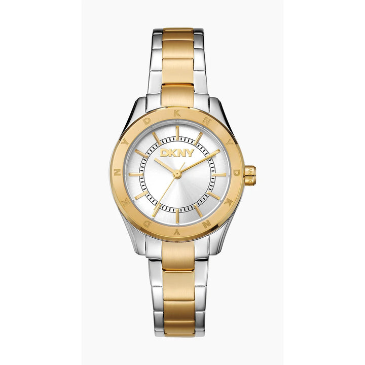 Дамски часовник DKNY Chambers Sport, двуцветна стомана (сребро/злато) и сребрист циферблат – часовник DKNY модел DK1L018M0055