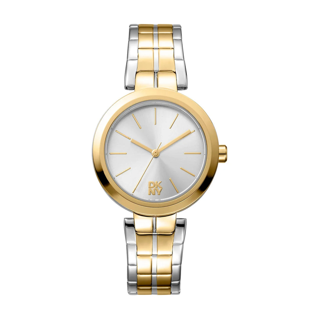 Дамски часовник DKNY Downtown Midi – двуцветна стомана (сребрист/златист) и сребрист циферблат, часовник DKNY модел DK1L045M0065