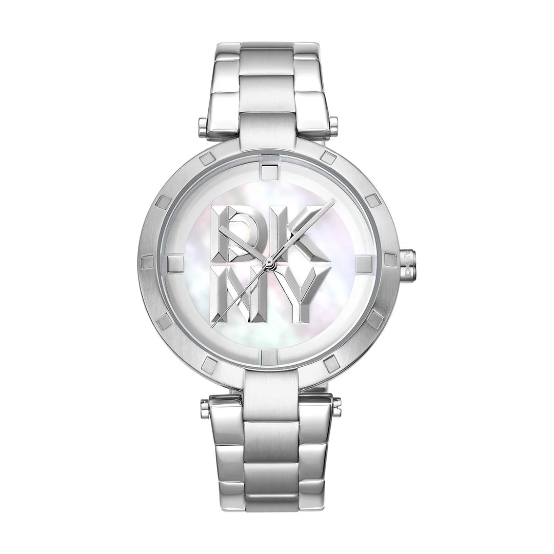 Дамски часовник DKNY Essential Logo, сребриста стомана и бял перлен циферблат 38 мм – часовник DKNY модел DK1L041M0045