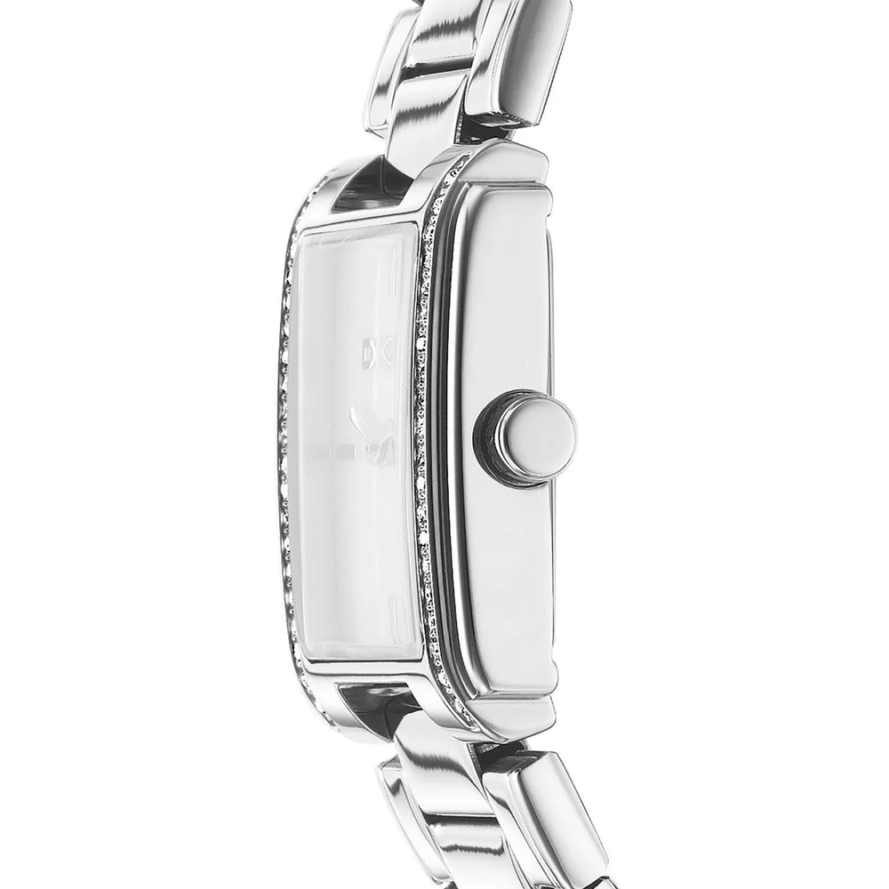 Дамски часовник DKNY Evening – страничен профил с тънък правоъгълен корпус и кристали, модел DK1L122M0045