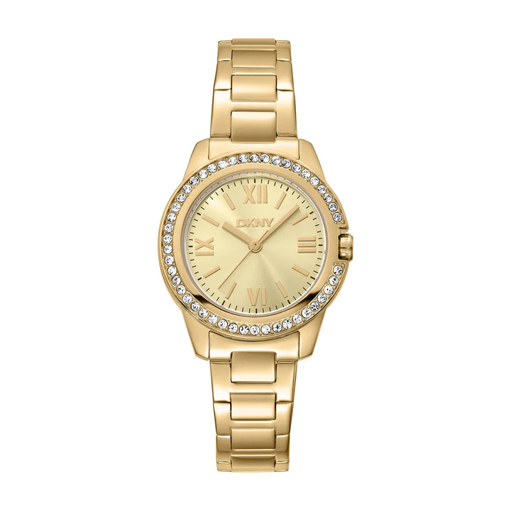 Дамски часовник DKNY Evening, златиста стомана с кристален безел и шампански циферблат 30 мм – часовник DKNY модел DK1L105M0055