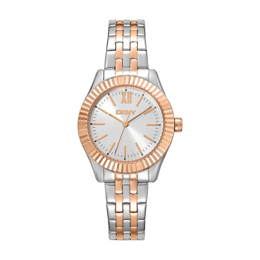 Дамски часовник DKNY Everyday, двуцветна стомана с рифелован безел и сребрист циферблат – часовник DKNY модел DK1L017M1105