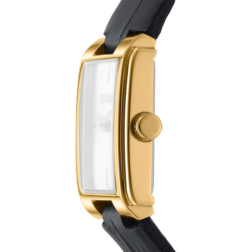 Дамски часовник DKNY Everyday – страничен профил, тънък правоъгълен корпус в златист тон, модел DK1L121L0025