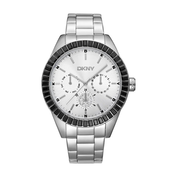 Дамски часовник DKNY Nolita Multi Glitz, сребриста стомана 40 мм с тъмен кристален безел и мултифункционален циферблат – часовник DKNY модел DK1L027M0035