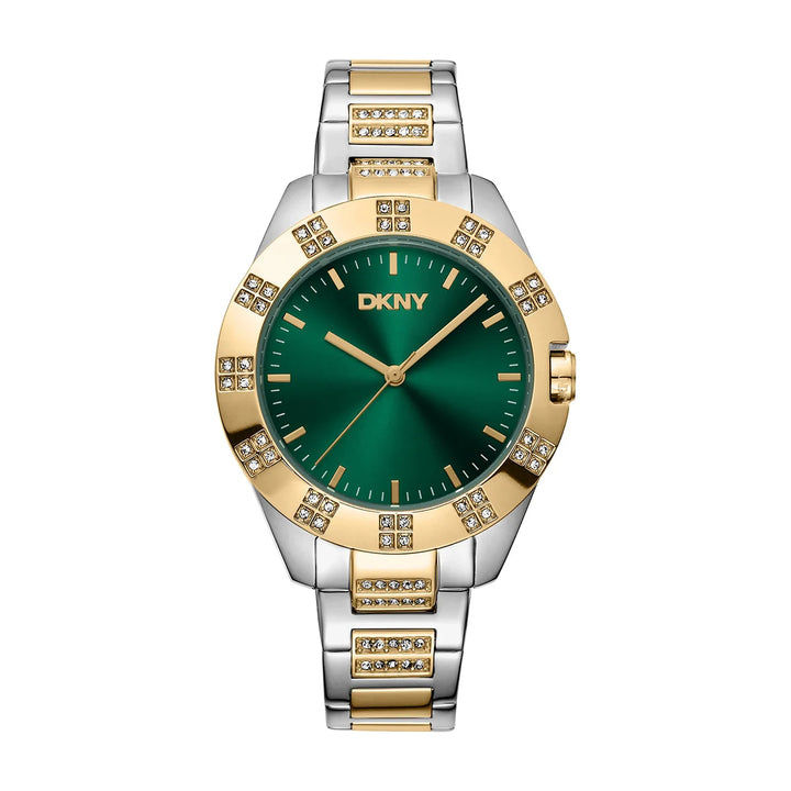 Дамски часовник DKNY Park Ave Glitz, двуцветна стомана, зелен циферблат и кристален безел – часовник DKNY модел DK1L019M0065