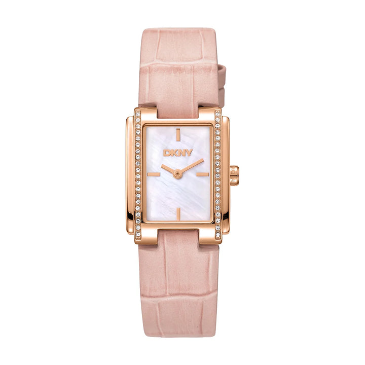 Дамски часовник DKNY, правоъгълен 23×30 мм, розовозлатист корпус, седефен циферблат и розова кожена каишка – модел DK1L122L0025