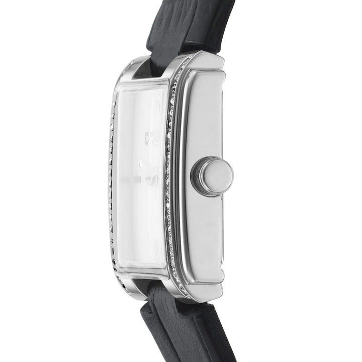 Дамски часовник DKNY – страничен профил на тънък правоъгълен корпус в сребрист тон, модел DK1L122L0015