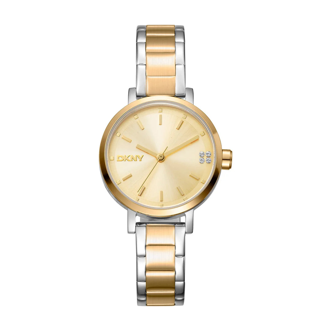 Дамски часовник DKNY Soho Glitz, двуцветна стомана (сребрист/златист) и шампански циферблат 30 мм – часовник DKNY модел DK1L038M0075