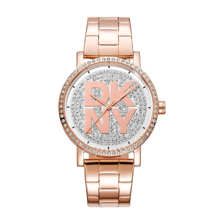 Дамски часовник DKNY Soho Logo, розовозлатиста стомана с кристален безел и циферблат „паве“ – часовник DKNY модел DK1L035M0225