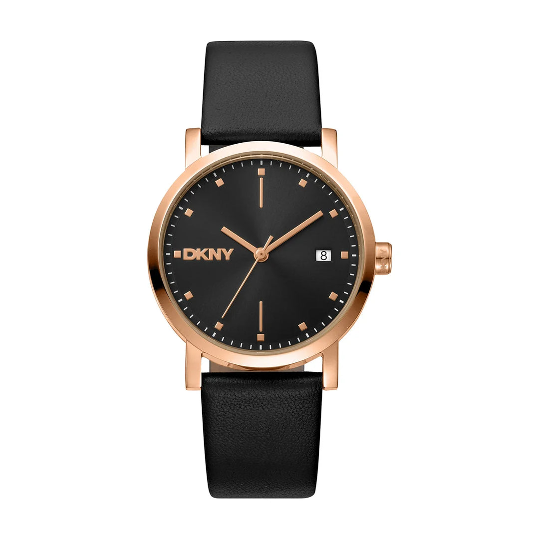 Дамски часовник DKNY Soho Midi, розовозлатист корпус и черна кожена каишка – часовник DKNY модел DK1L036L0035