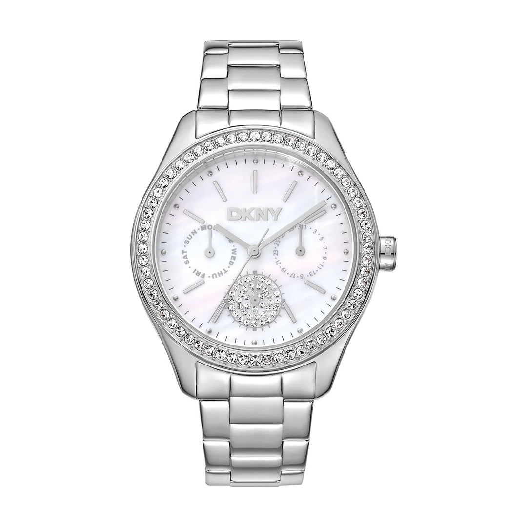 Дамски часовник DKNY, сребриста стомана и перлен MOP циферблат с кристали, мултифункционален 38 мм – модел DK1L129M0035