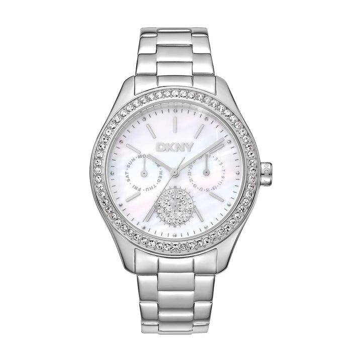 Дамски часовник DKNY, сребриста стомана и перлен MOP циферблат с кристали, мултифункционален 38 мм – модел DK1L129M0035