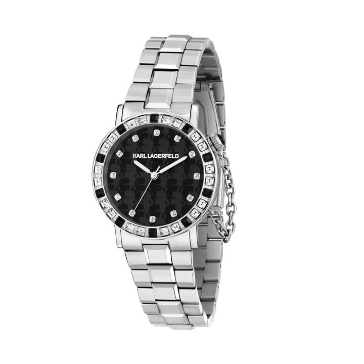 Дамски часовник Karl Lagerfeld Crystals, стоманена гривна и тъмен циферблат с кристали – модел R0553100502, изглед отпред