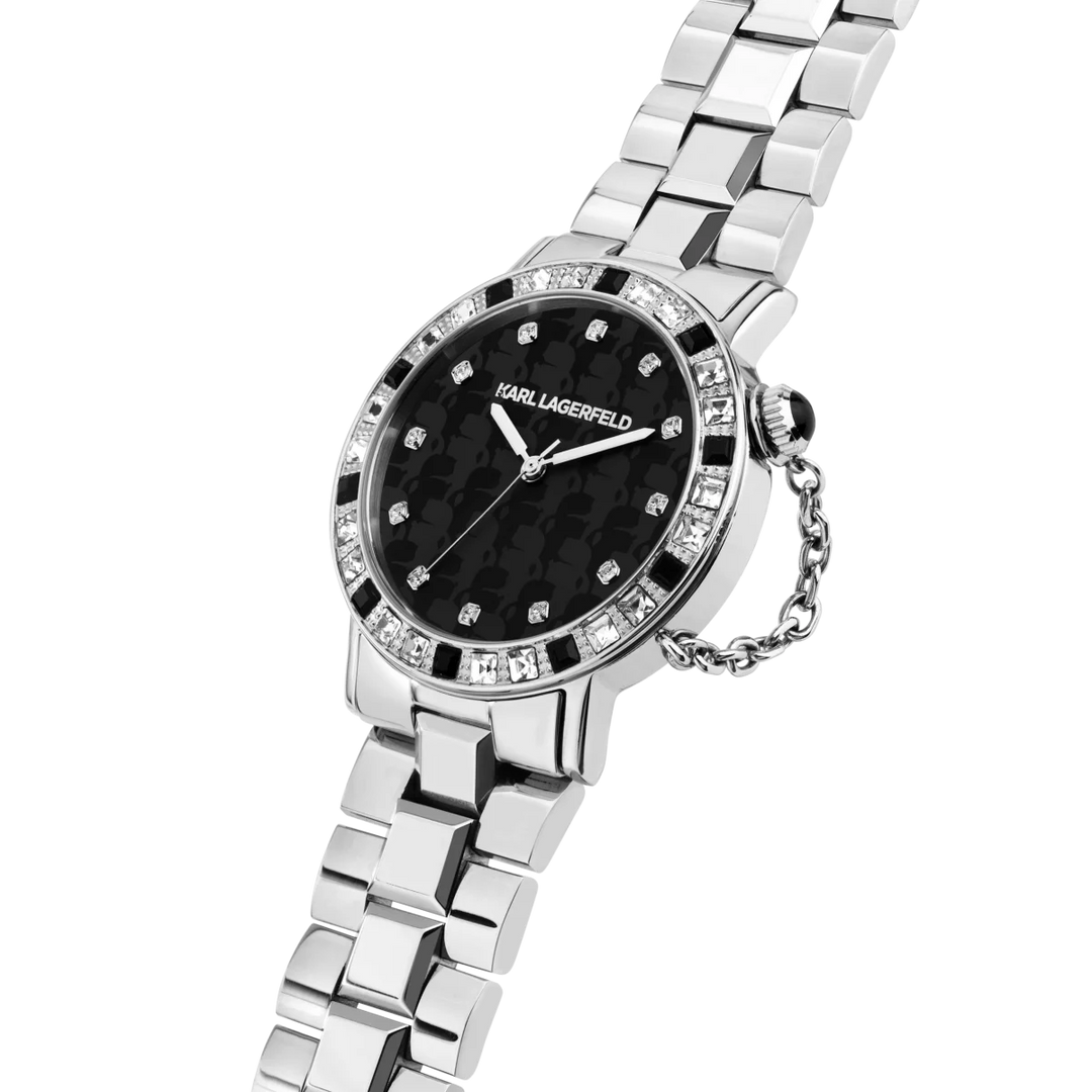 Дамски часовник Karl Lagerfeld Crystals, детайлен изглед на черния циферблат с кристали и декоративната верижка – модел R0553100502