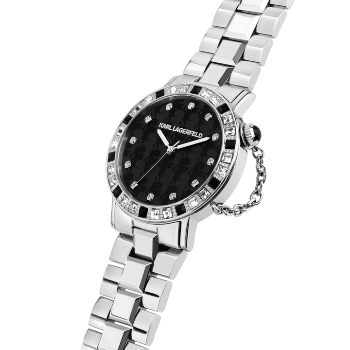 Дамски часовник Karl Lagerfeld Crystals, детайлен изглед на черния циферблат с кристали и декоративната верижка – модел R0553100502