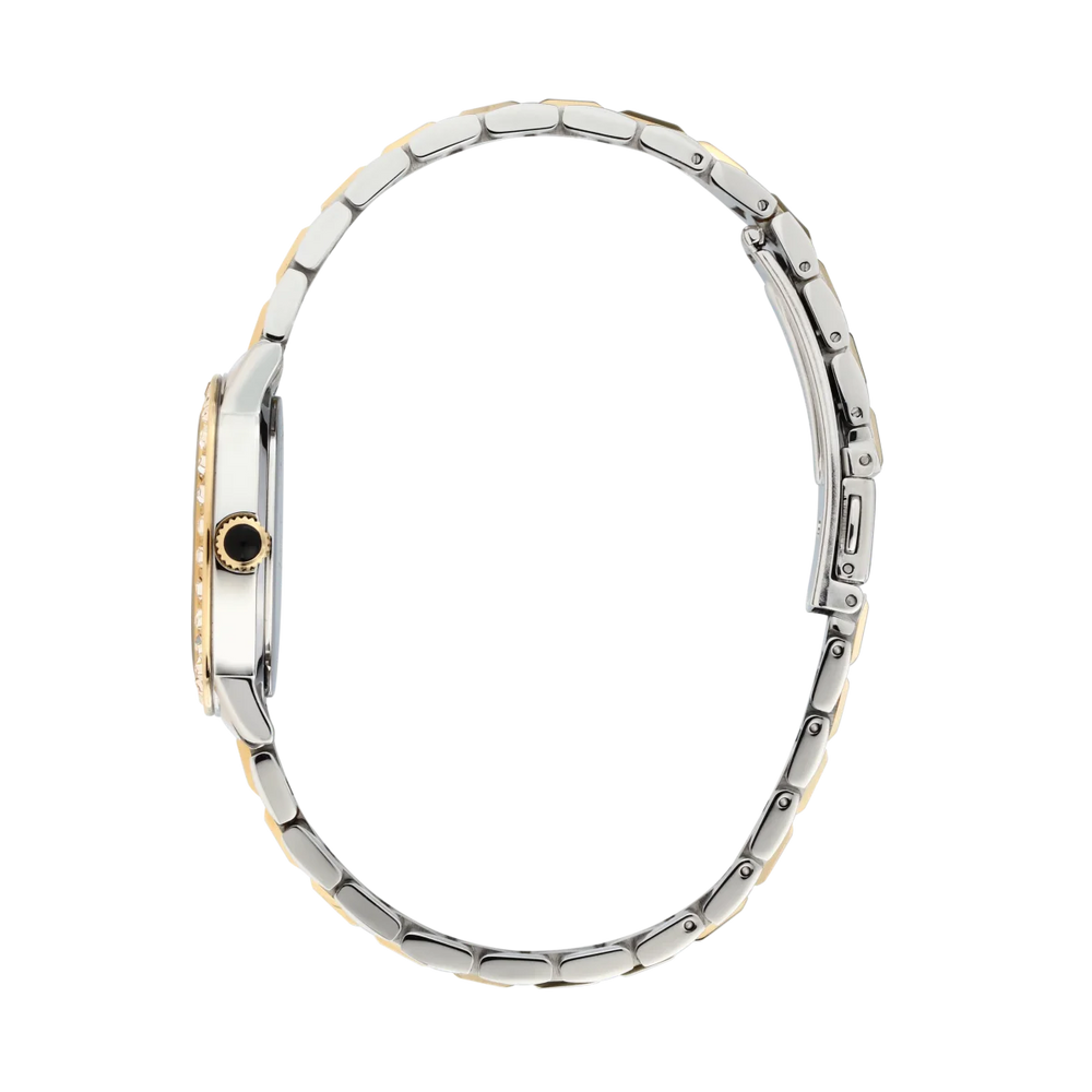 Дамски часовник Karl Lagerfeld Crystals, страничен профил на стоманения корпус и тънката двуцветна гривна – модел R0553100509