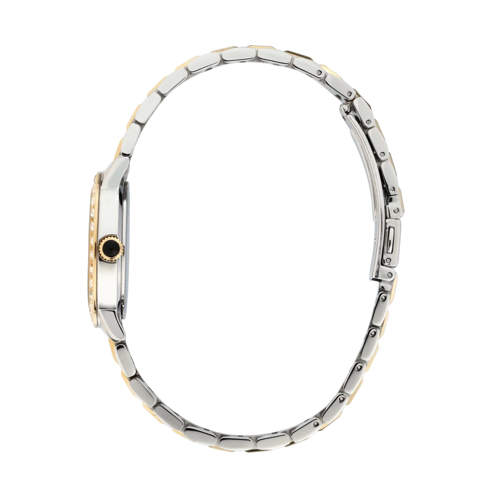 Дамски часовник Karl Lagerfeld Crystals, страничен профил на стоманения корпус и тънката двуцветна гривна – модел R0553100509