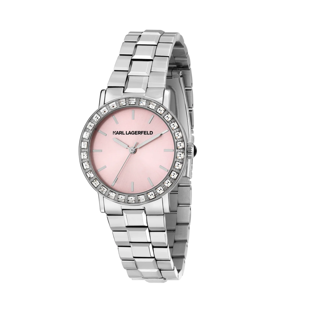 Дамски часовник Karl Lagerfeld Crystals с розов циферблат, стоманена верижка и безел с кристали – модел R0553100512, изглед отпред