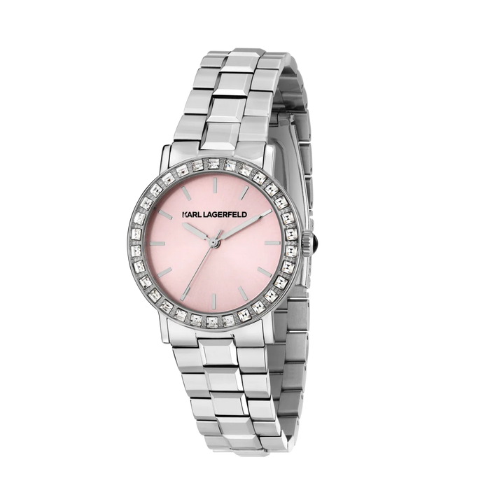 Дамски часовник Karl Lagerfeld Crystals с розов циферблат, стоманена верижка и безел с кристали – модел R0553100512, изглед отпред