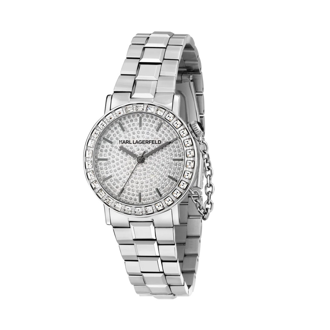Дамски часовник Karl Lagerfeld Crystals със сребриста стоманена верижка, сребрист циферблат и безел с кристали – модел R0553100506