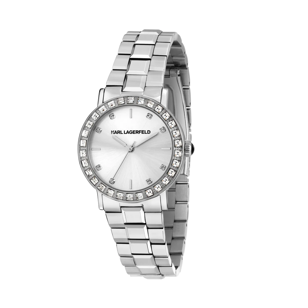 Дамски часовник Karl Lagerfeld Crystals със сребрист циферблат, кристален безел и стоманена верижка – модел R0553100511