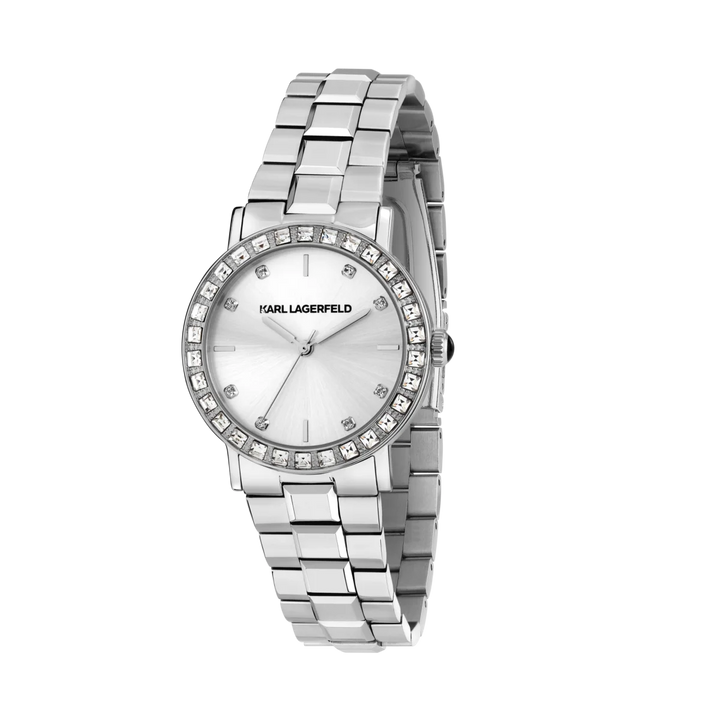 Дамски часовник Karl Lagerfeld Crystals със сребрист циферблат, кристален безел и стоманена верижка – модел R0553100511