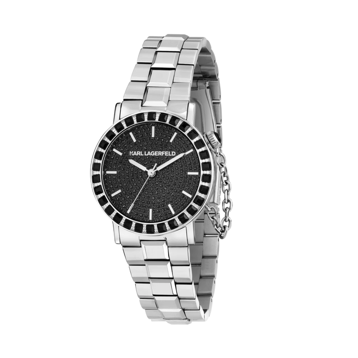 Дамски часовник Karl Lagerfeld Crystals със сребриста стоманена верижка и черен циферблат с кристали – модел R0553100505